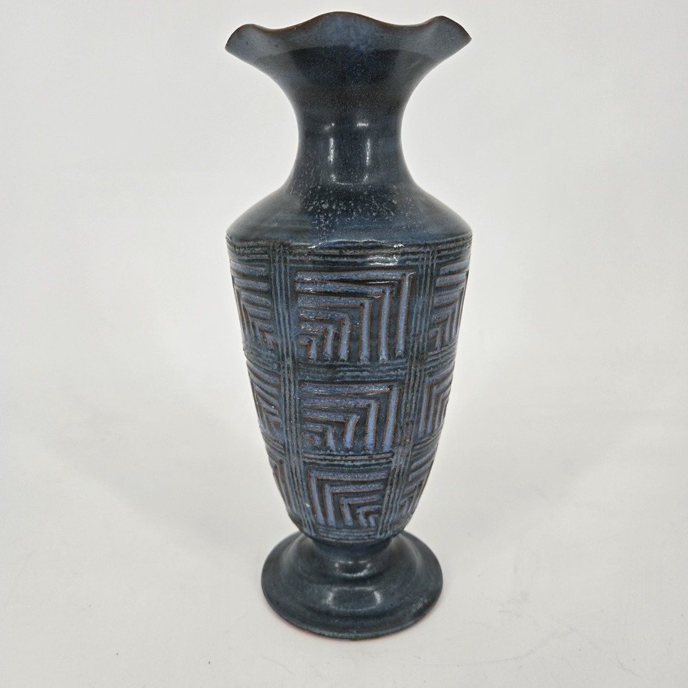 Mid Century Studio Pottery Vase Hand Glazed Blue Geometric Brutalist Signed 9.5"